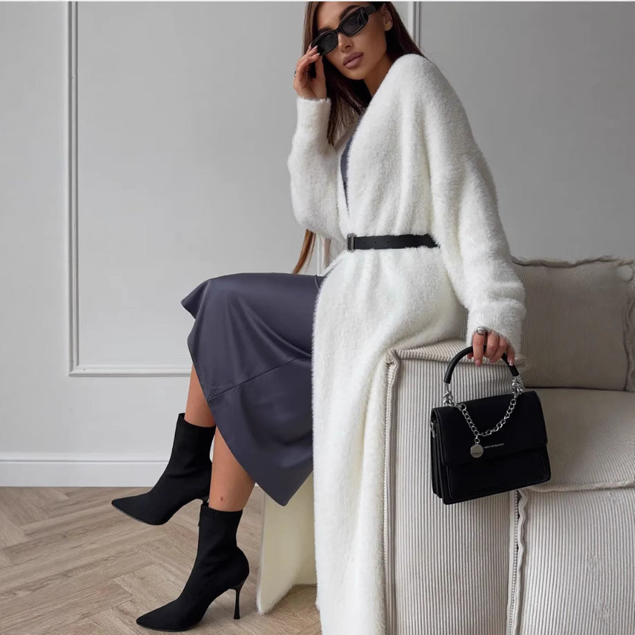 Cardigan Long Effet Fourrure Blanc
