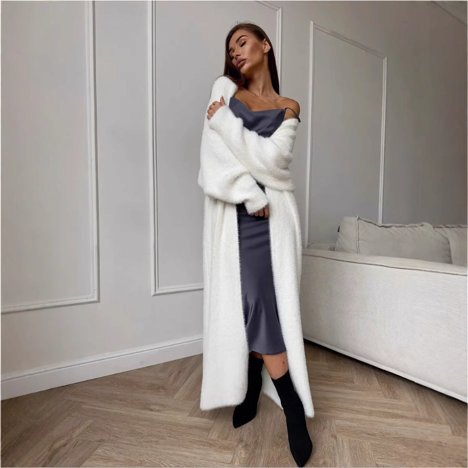 Cardigan Long Effet Fourrure Blanc