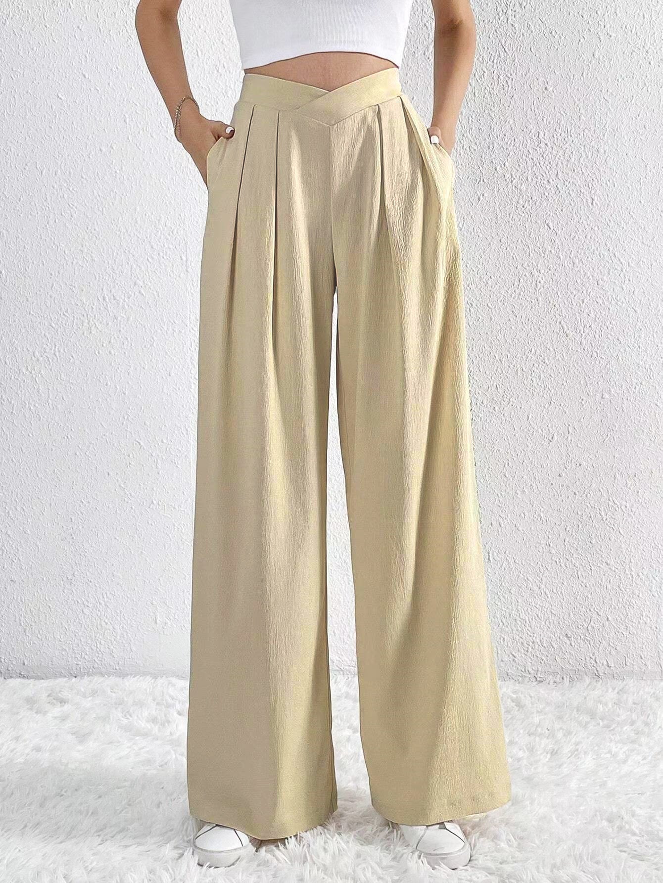 Temperament Commuting Pleated Drape High Waist Wide Leg Casual Trousers For Women All-match Slim Cross Waist