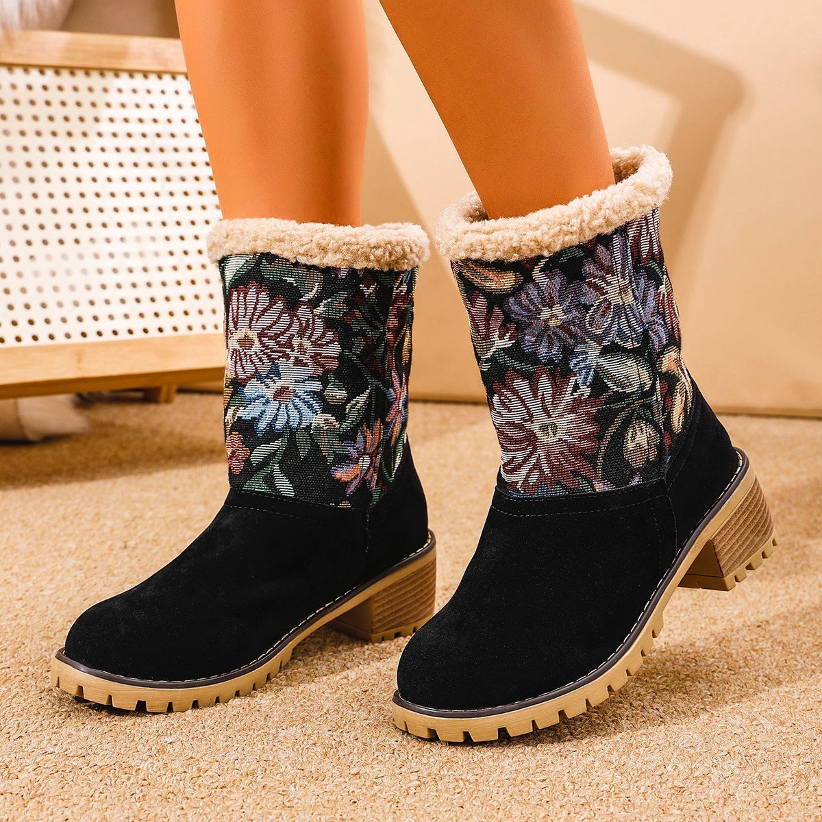 Bottes Hiver Brodées Style Ethnique - Plateforme Confort et Doublure Coton Chaud