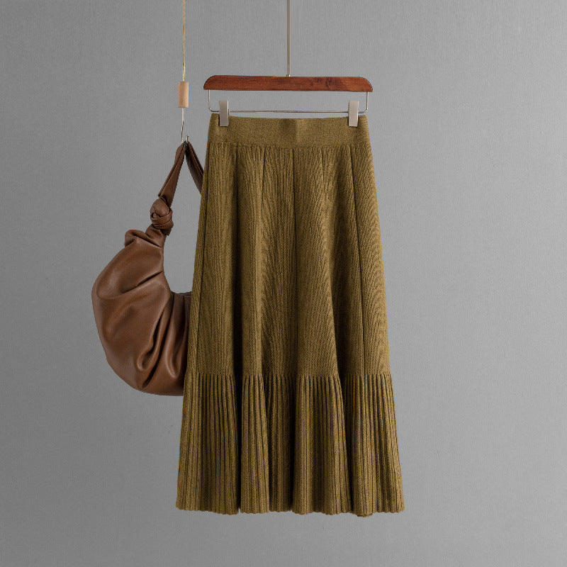 All-match High Waist Slimming Pleated Skirt Mid-length Women