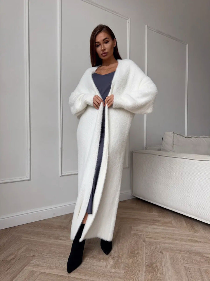 Cardigan Long Effet Fourrure Blanc