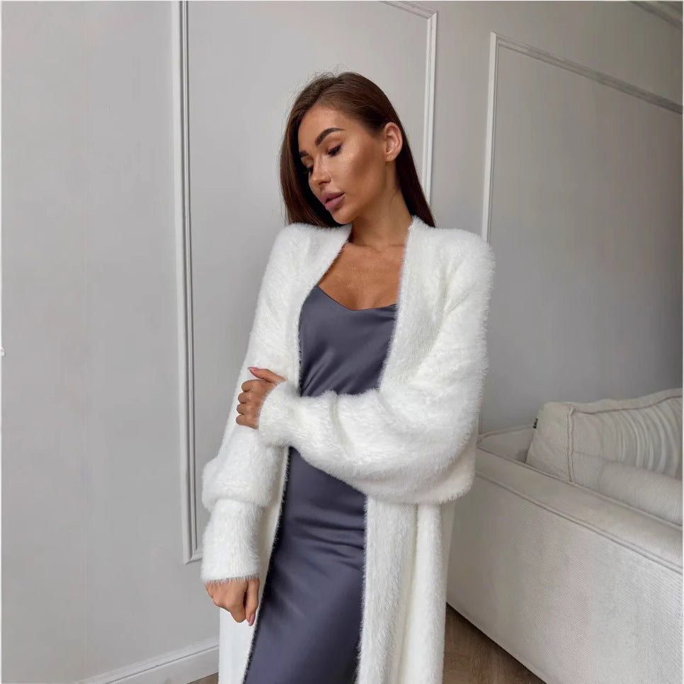 Cardigan Long Effet Fourrure Blanc
