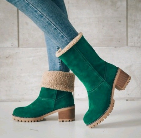 Bottes d'Hiver Mi-Mollet - Talon Épais en Daim pour Femme