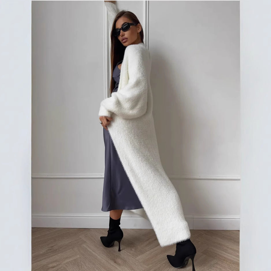Cardigan Long Effet Fourrure Blanc