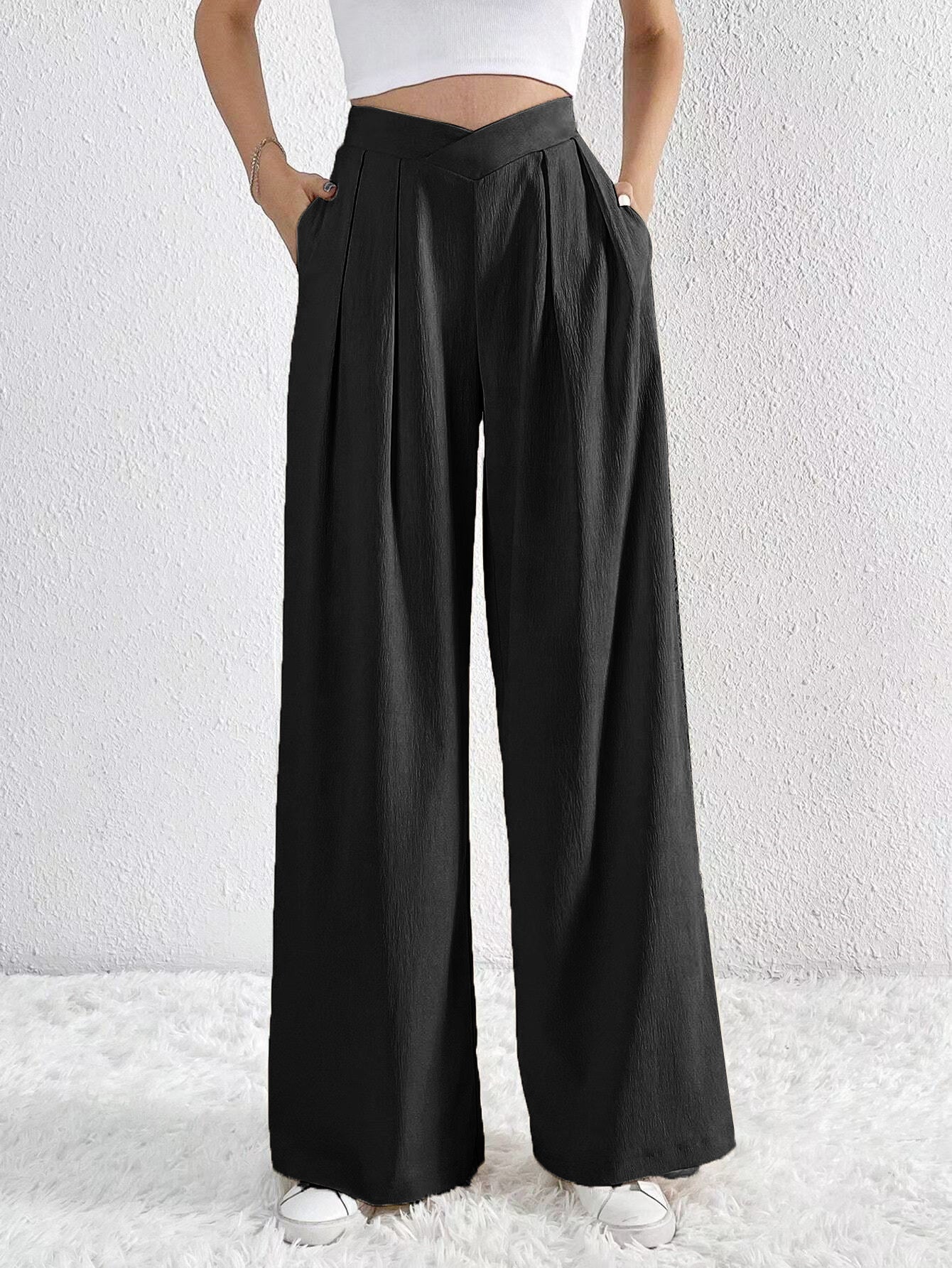 Temperament Commuting Pleated Drape High Waist Wide Leg Casual Trousers For Women All-match Slim Cross Waist