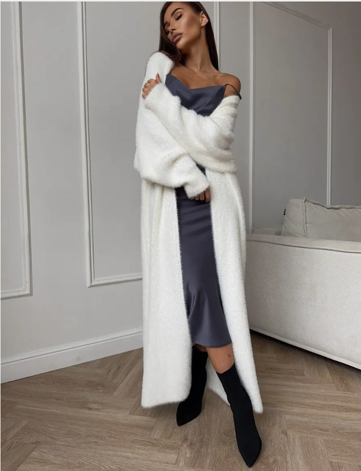 Cardigan Long Effet Fourrure Blanc