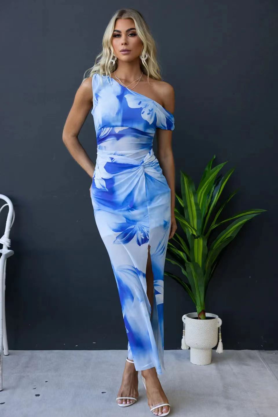 Robe Asymétrique Imprimé Bleu