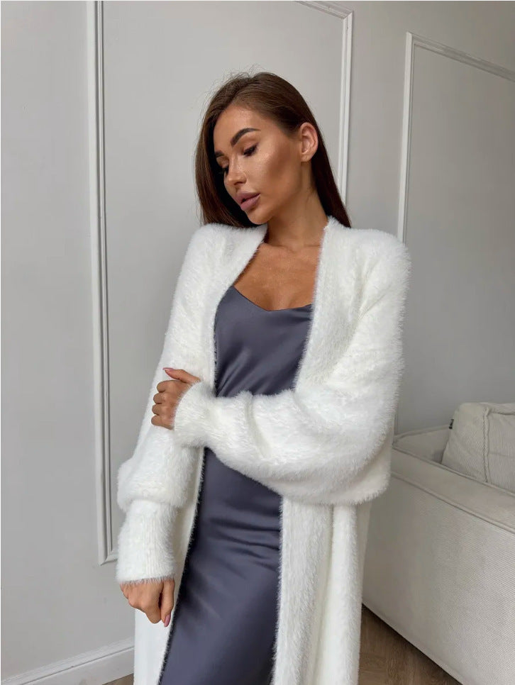 Cardigan Long Effet Fourrure Blanc