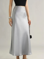 Women's Satin Skirt High Waist Elegant Midi A-line Skirt Lady's Summer Solid Champagne Vintage Silk Long Skirts for Women 2025