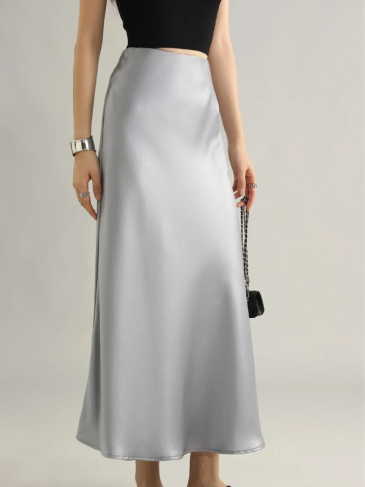 Women's Satin Skirt High Waist Elegant Midi A-line Skirt Lady's Summer Solid Champagne Vintage Silk Long Skirts for Women 2025