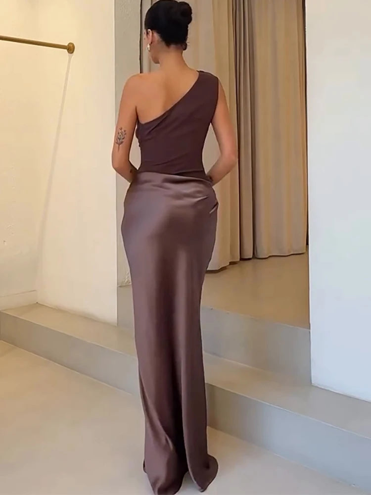 Robe de Soirée JULISSA MO - Une Épaule en Satin Patchwork