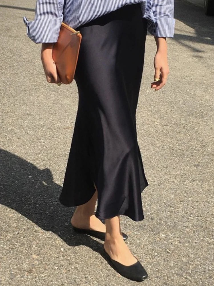 Women's Satin Skirt High Waist Elegant Midi A-line Skirt Lady's Summer Solid Champagne Vintage Silk Long Skirts for Women 2025