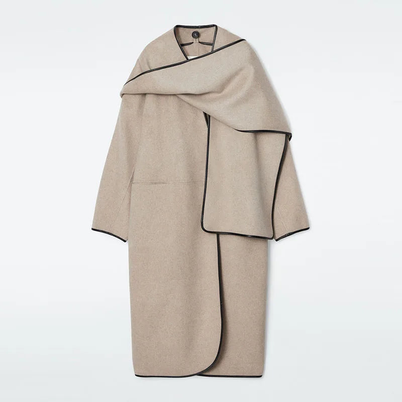 Manteau Écharpe en Laine Bordé de Cuir