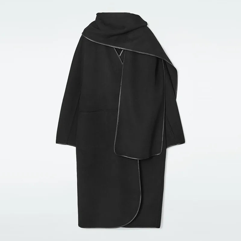 Manteau Écharpe en Laine Bordé de Cuir