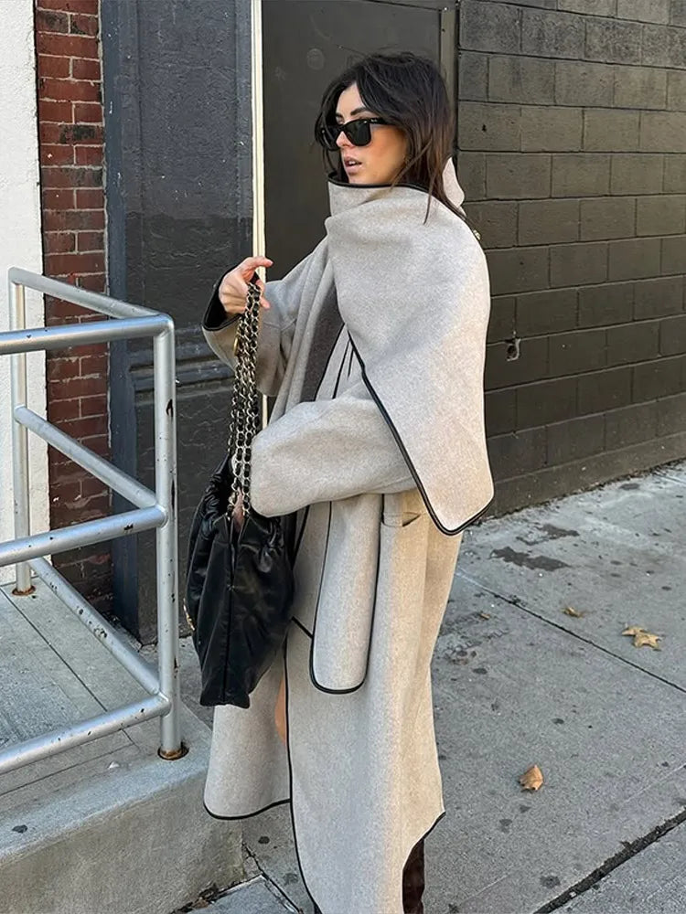 Manteau Écharpe en Laine Bordé de Cuir