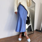 Women's Satin Skirt High Waist Elegant Midi A-line Skirt Lady's Summer Solid Champagne Vintage Silk Long Skirts for Women 2025