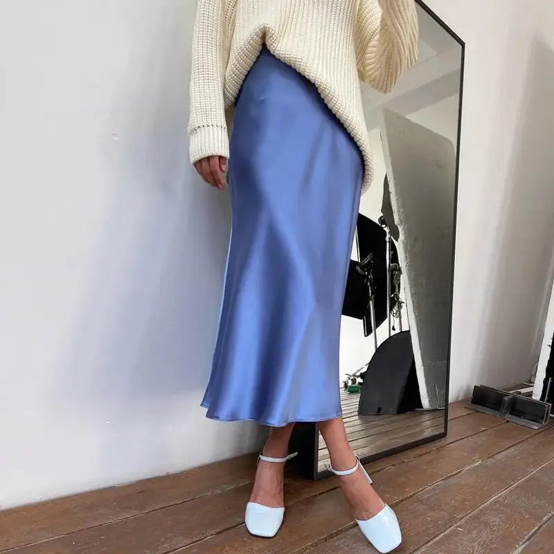 Women's Satin Skirt High Waist Elegant Midi A-line Skirt Lady's Summer Solid Champagne Vintage Silk Long Skirts for Women 2025