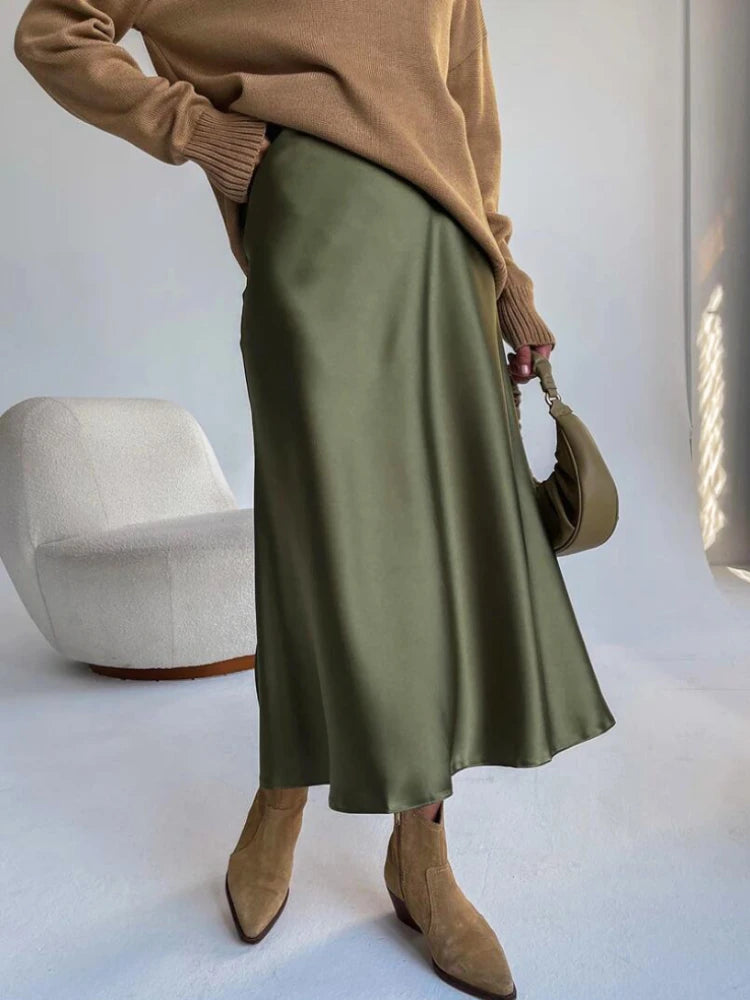 Women's Satin Skirt High Waist Elegant Midi A-line Skirt Lady's Summer Solid Champagne Vintage Silk Long Skirts for Women 2025