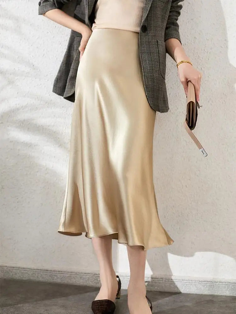 Women's Satin Skirt High Waist Elegant Midi A-line Skirt Lady's Summer Solid Champagne Vintage Silk Long Skirts for Women 2025