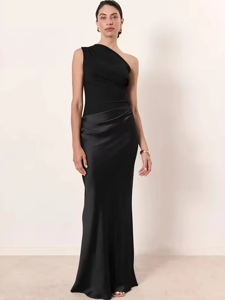Robe de Soirée JULISSA MO - Une Épaule en Satin Patchwork