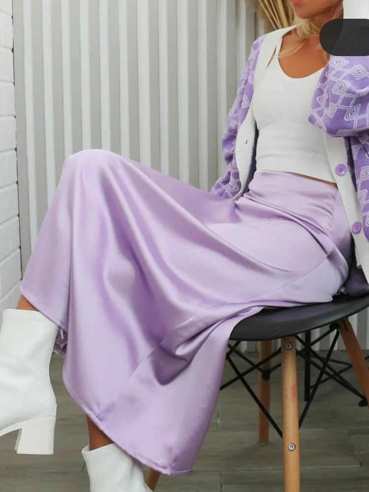 Women's Satin Skirt High Waist Elegant Midi A-line Skirt Lady's Summer Solid Champagne Vintage Silk Long Skirts for Women 2025