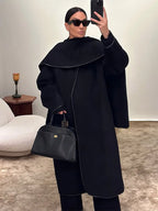 Manteau Écharpe en Laine Bordé de Cuir