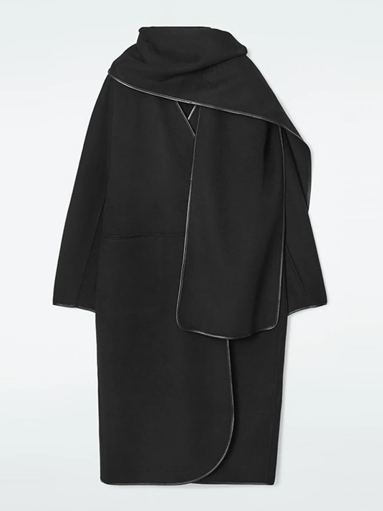 Manteau Écharpe en Laine Bordé de Cuir