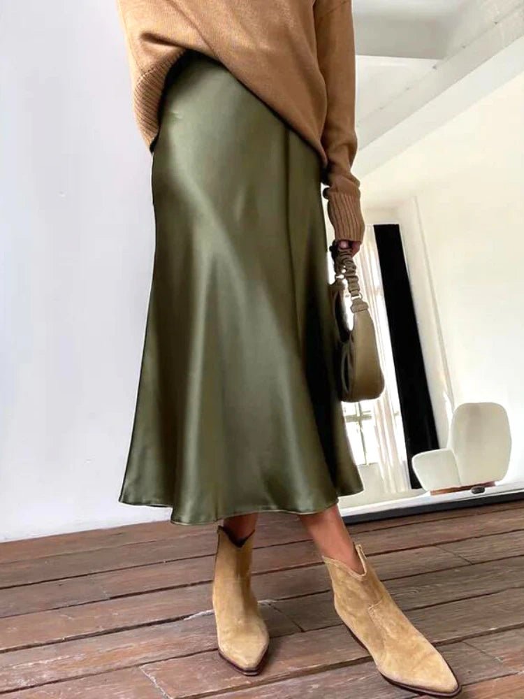Women's Satin Skirt High Waist Elegant Midi A-line Skirt Lady's Summer Solid Champagne Vintage Silk Long Skirts for Women 2025