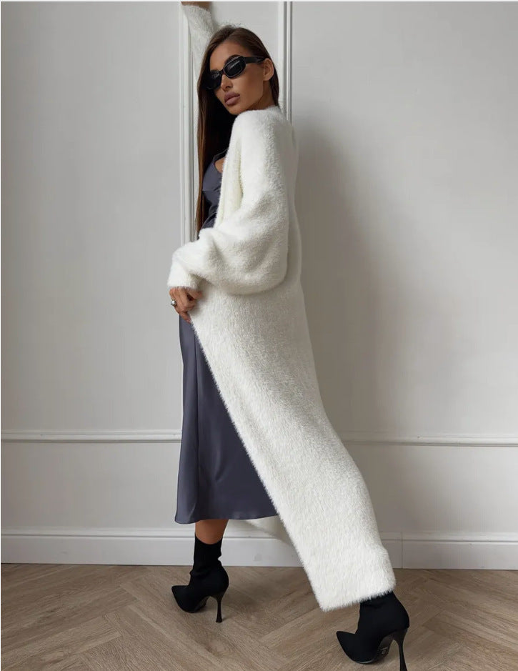 Cardigan Long Effet Fourrure Blanc