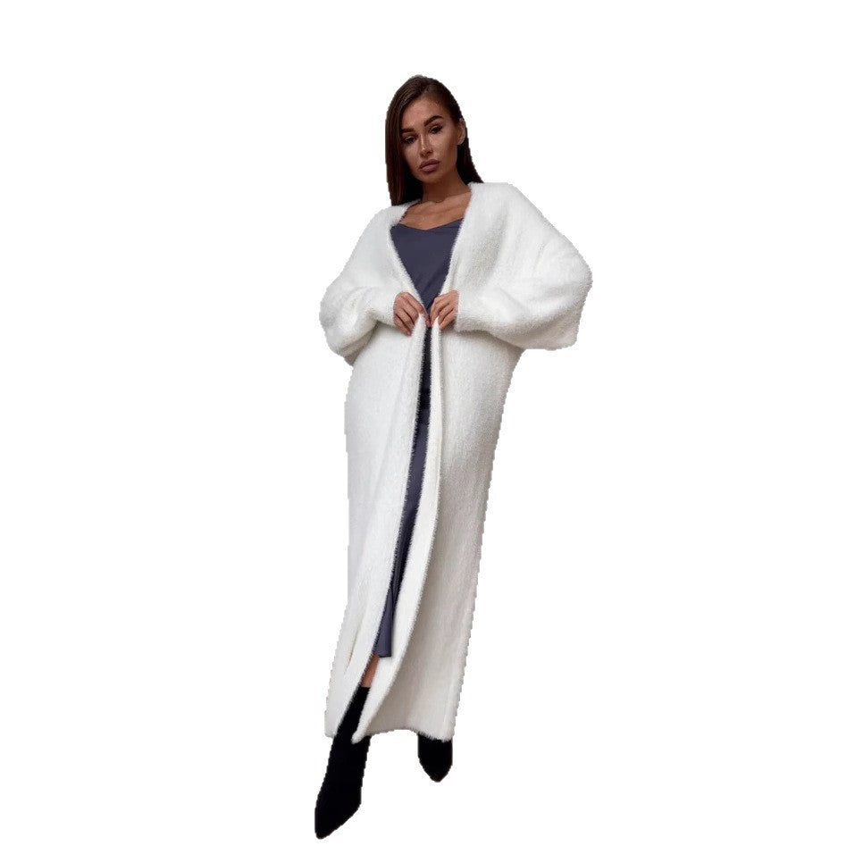 Cardigan Long Effet Fourrure Blanc